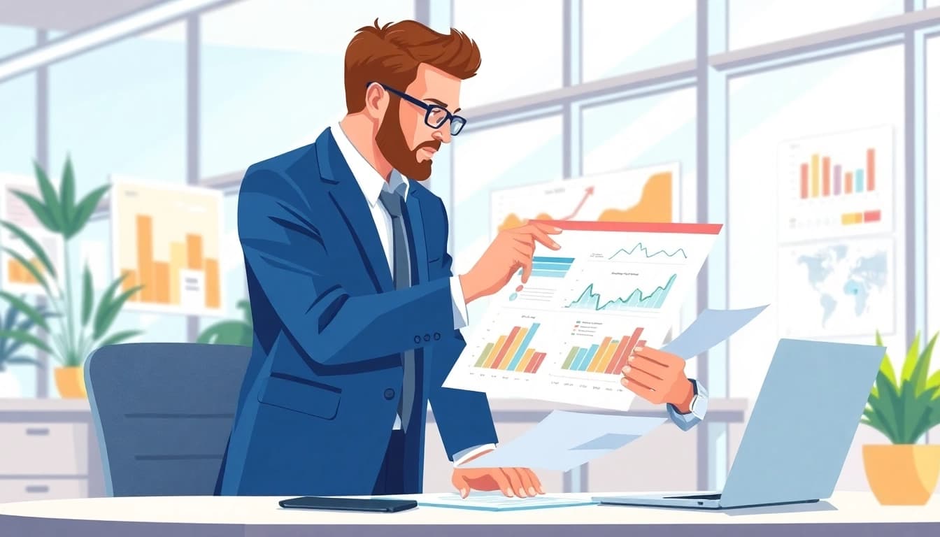 Business consultant discussing Unternehmensberatung strategies with clients amidst data analytics.