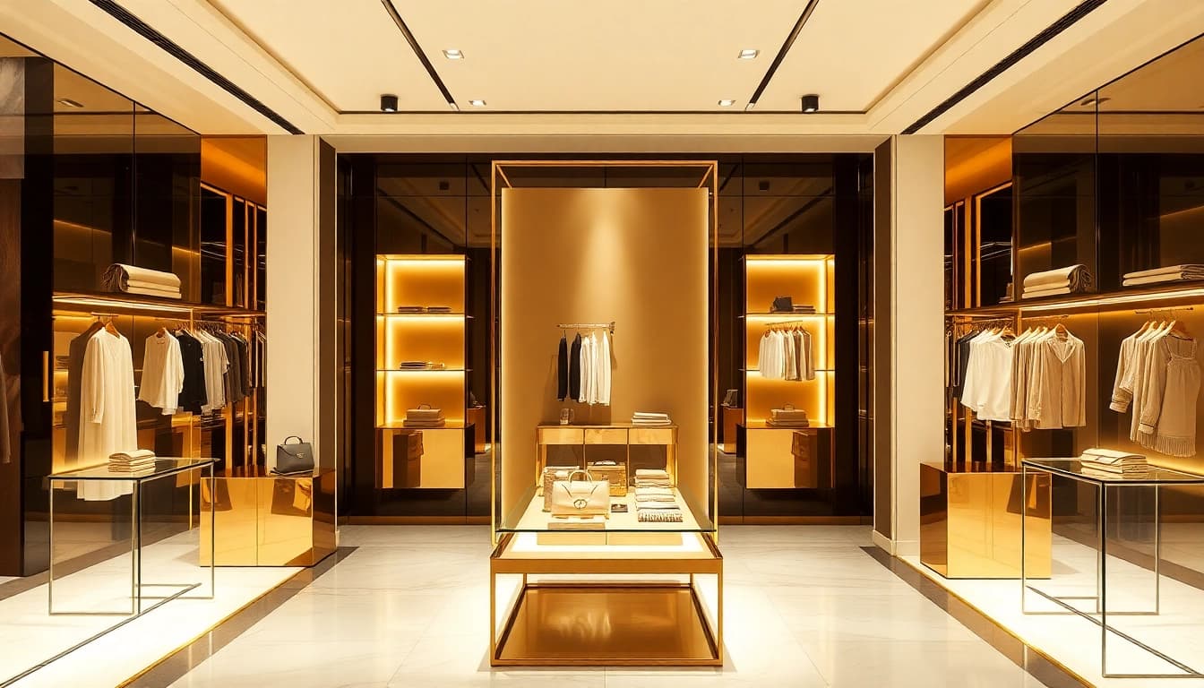 Luxury fashion items elegantly arranged in a warm-lit display, highlighting intricate details.