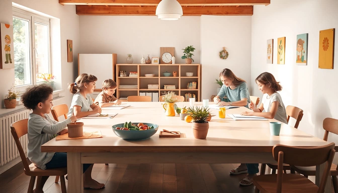 Eltern und Kinder genießen eine kreative Lernatmosphäre beim Heimunterricht mit warmen Farben und natürlichem Licht.