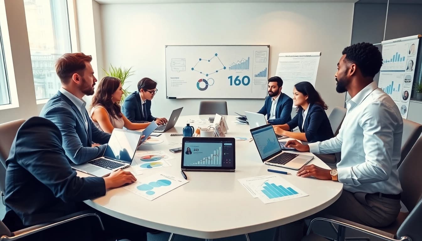 Effektive Personalvermittlung Vertrieb-Szene, die ein diverses Team zeigt, das mit digitalen Werkzeugen Strategien zur Talentakquise entwickelt.