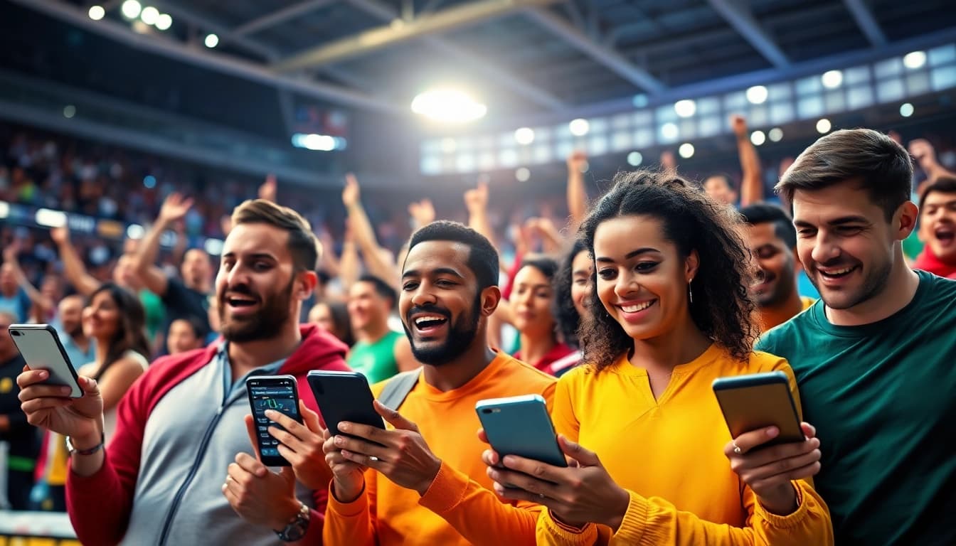 Exciting Bitcoin sports betting scene with diverse bettors placing bets and displaying cryptocurrency wallets.