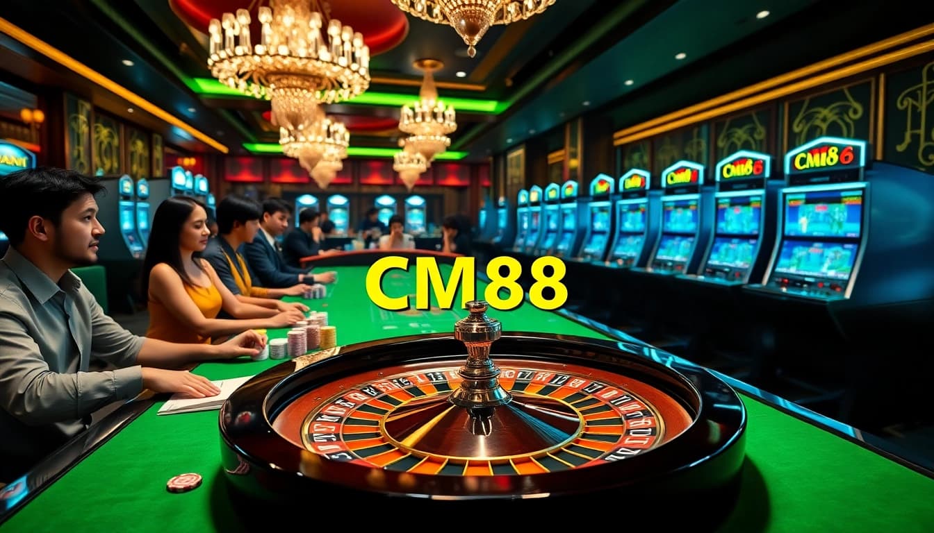 Intense gameplay at a casino featuring CM88-themed slot machines and roulette.