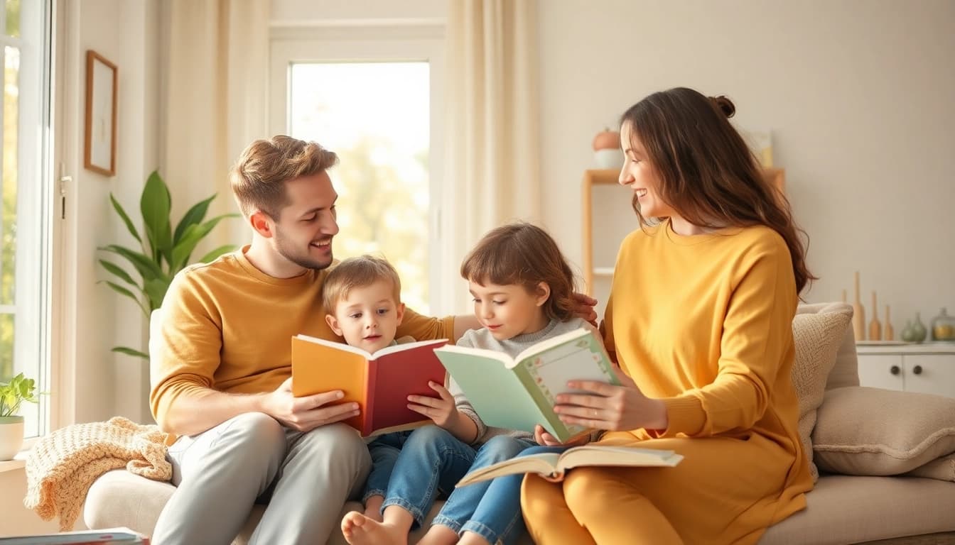 Kindererziehung in einer harmonischen Familie, die gemeinsam lernt und spielt.
