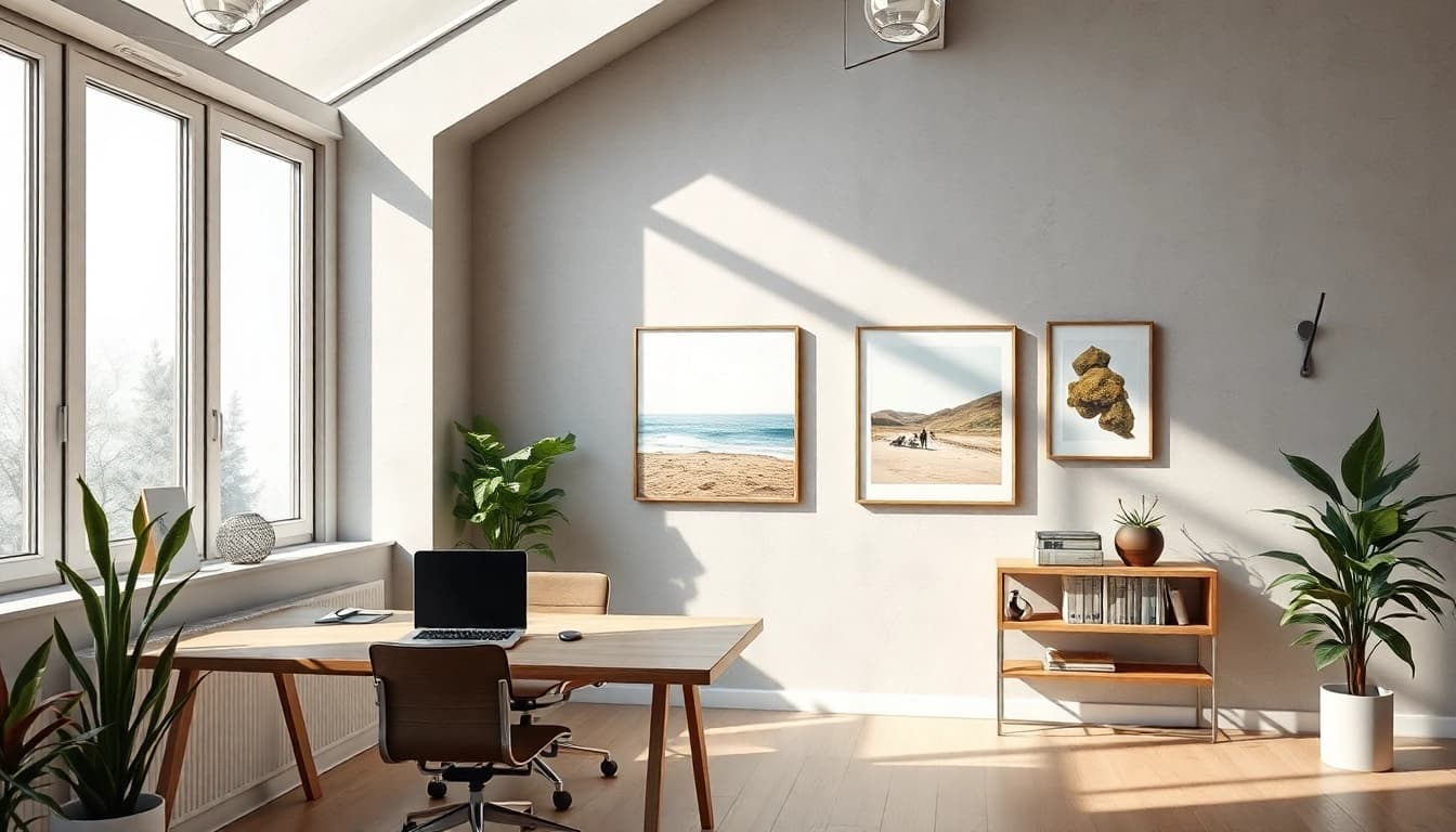 Abstandshalter.com zeigt glänzende Abstandshalter in einem modernen Arbeitsraum, die perfekte Distanz zwischen Kunstwerken gewährleisten.