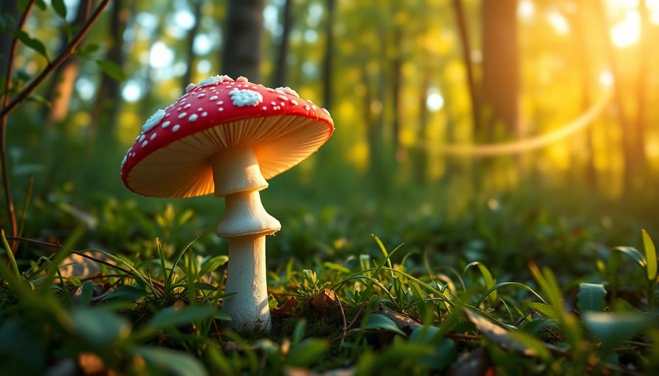 Fliegenpilz Pulver in einem malerischen Wald, idealerweise für Naturfreunde.