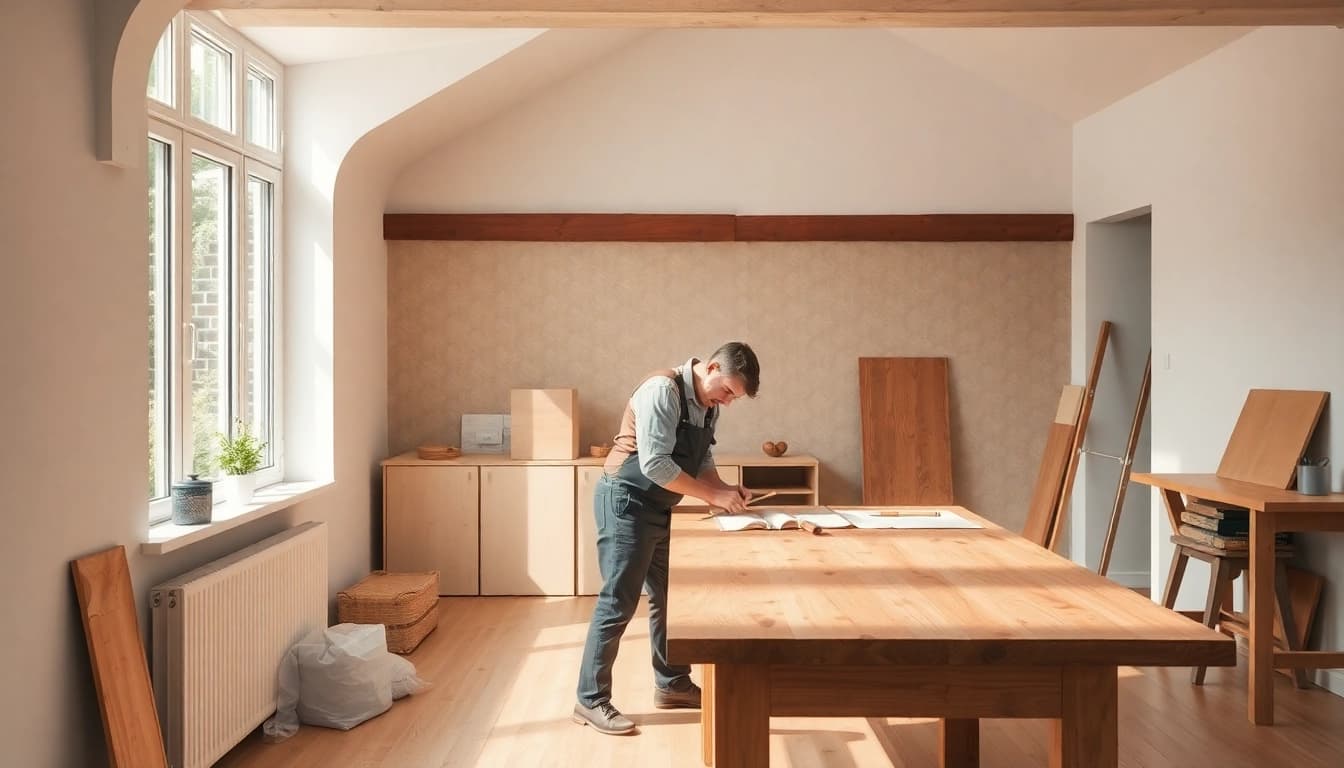 Erleben Sie die inspirierende Landschaft einer Hausrenovierung mit Handwerkern, die an modernen Wohnräumen arbeiten.