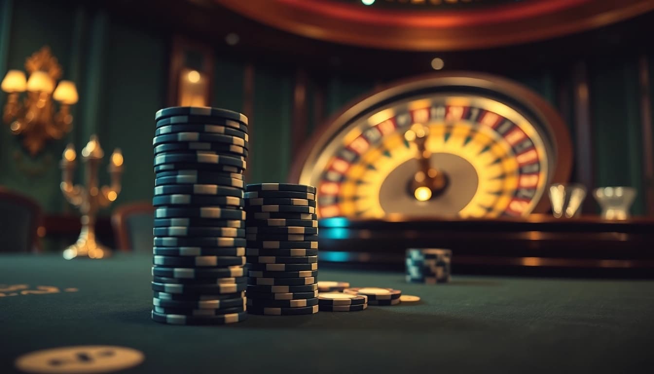 The hidden wiki dark web-inspired casino scene showcasing high-stakes poker with vibrant chips and roulette wheel.