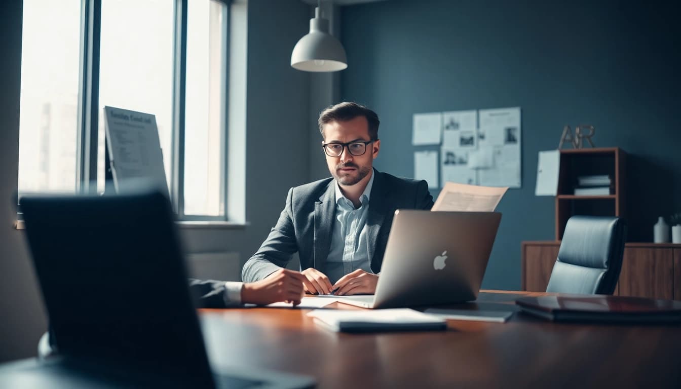 Headhunter analysiert sorgfältig Lebensläufe und Bewerbungen in einem modernen Büro.