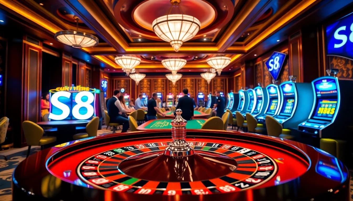 Excited players engaging at an S8 poker table in a luxurious casino setting.