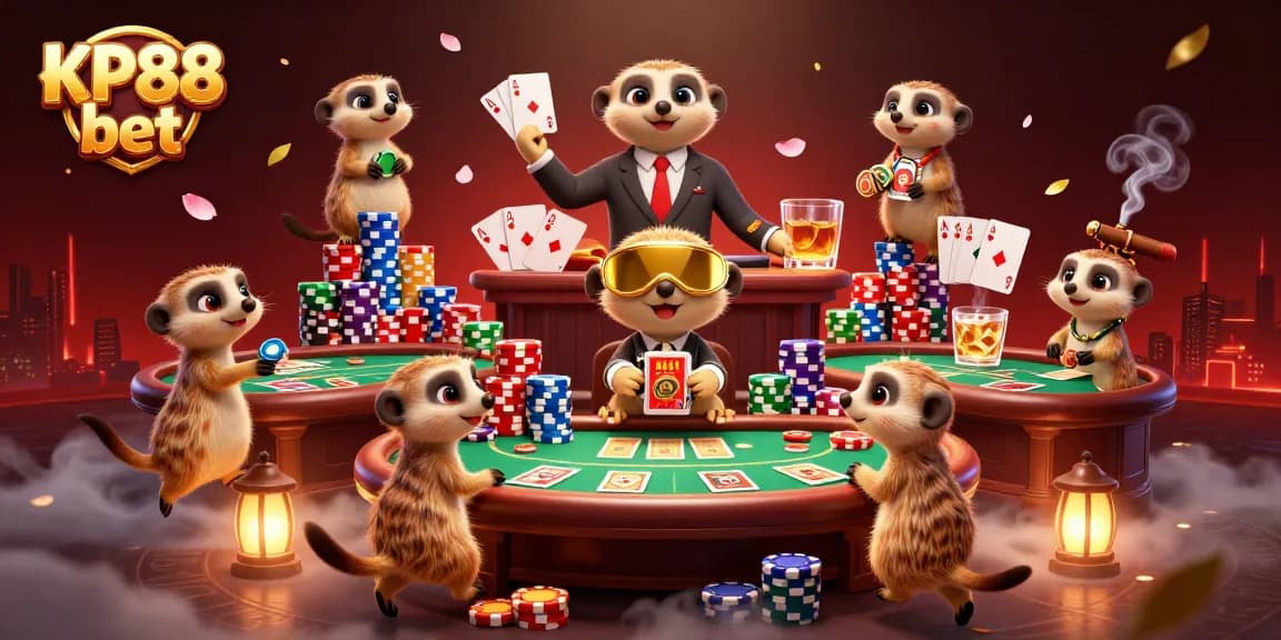 Experience exciting KP88 bet action with meerkats at a vibrant casino scene featuring poker and chips.
