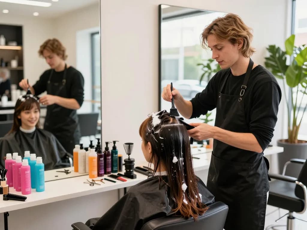 Stilig hårfarve applikation af en dygtig hårfarve frisør i en moderne salon.