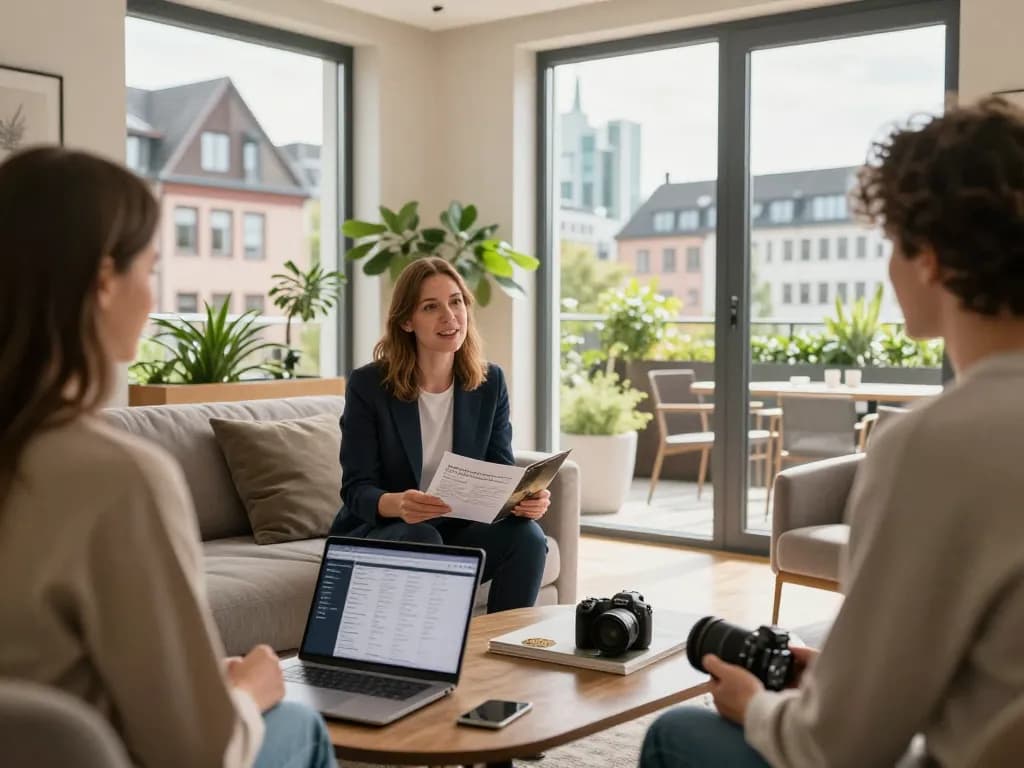 Immobilienmakler Frankfurt Sachsenhausen präsentiert eine stilvolle Immobilie potenziellen Käufern in einer lebhaften Umgebung.