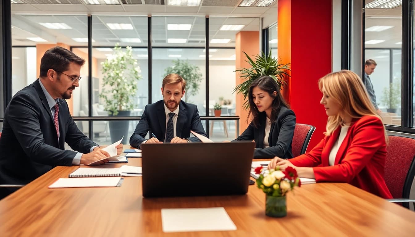 Professionelle Beratung bei Unternehmensberatung München; Berater diskutieren Dokumente in einem modernen Büro.