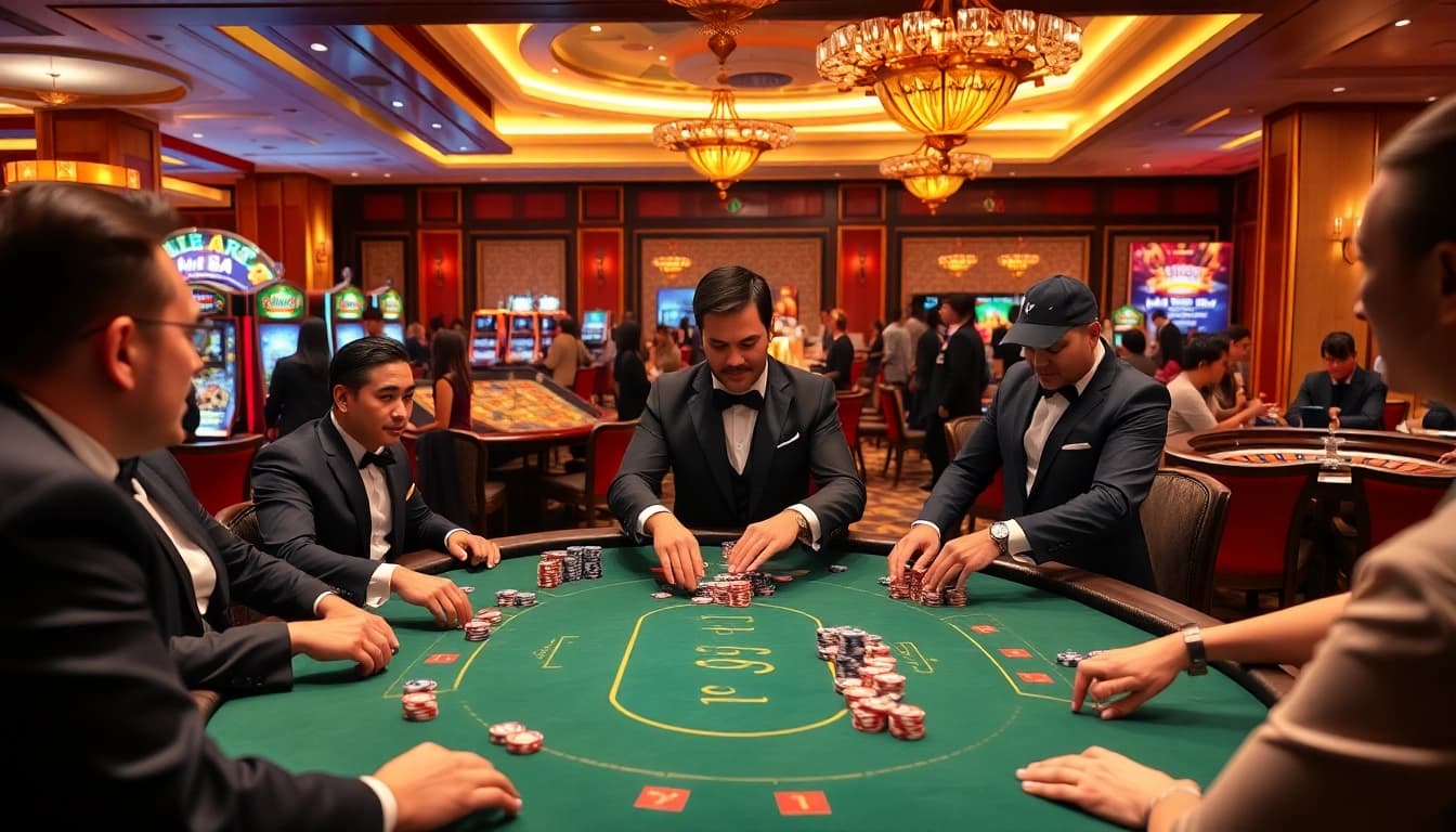 Exciting poker game at Jun 88 with players and colorful chips in a luxurious casino.