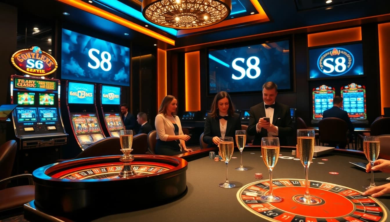 S8 casino players enjoying a high-stakes poker game in a luxurious setting.