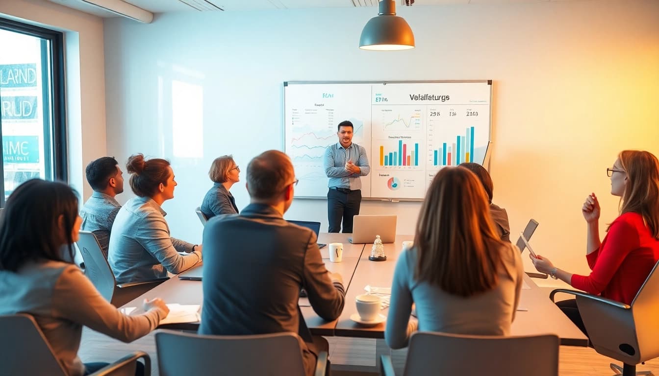 Dynamische Szene eines Meetings mit Vertriebsmitarbeitern, die Ideen zum Thema Vertriebsmitarbeiter finden austauschen.