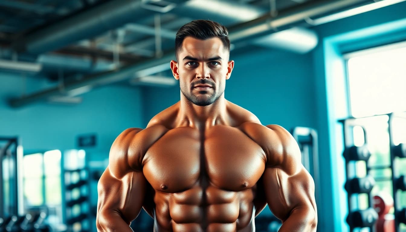 HGH kaufen: Kraftvoller Bodybuilder im Fitnessstudio hebt Gewichte.
