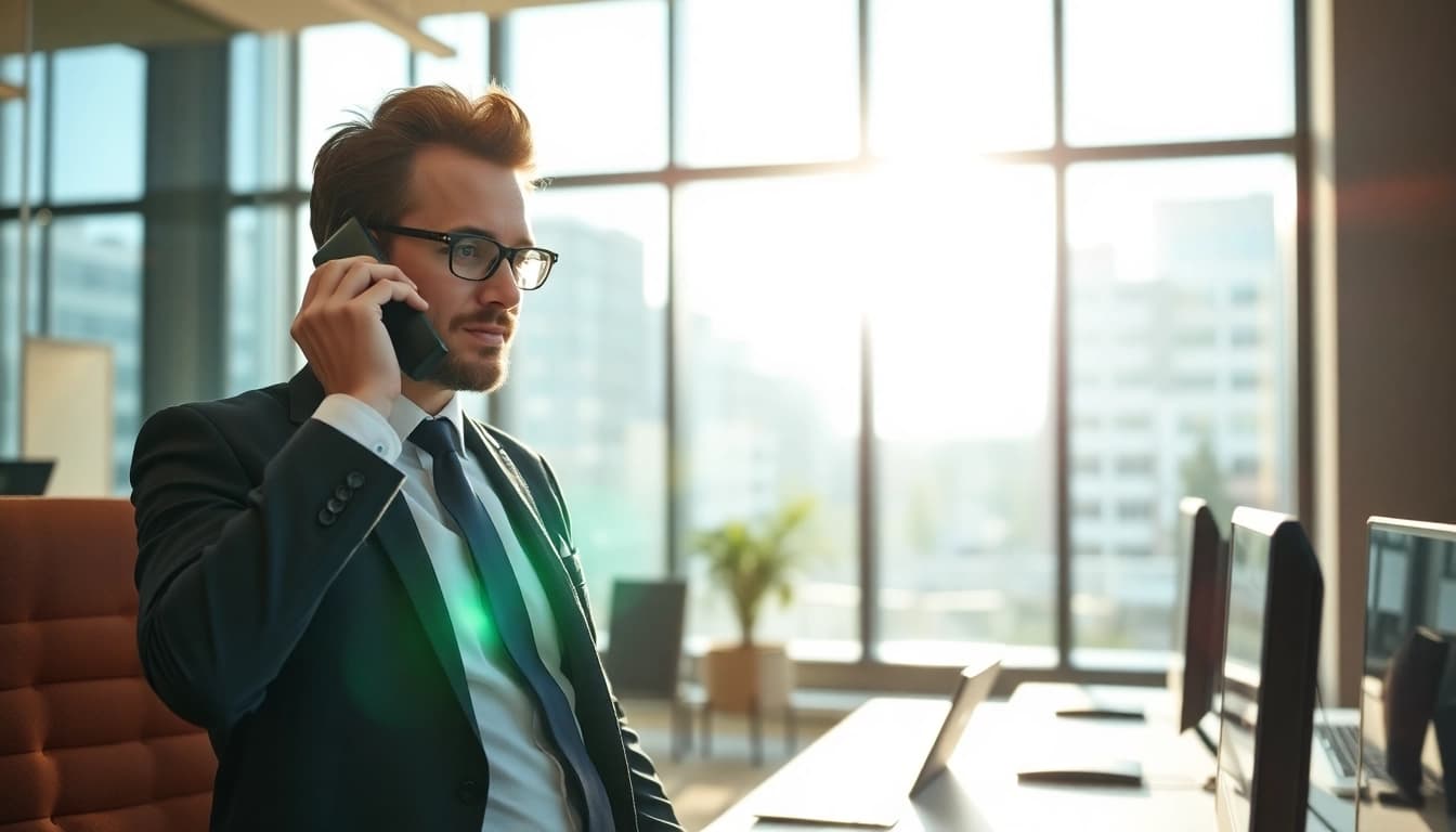 Headhunter in einem hellen Büro, engagiert in einem Telefonat mit Kandidaten.