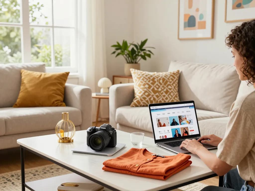 Sofort Lieferbar Produkte in einem einladenden Wohnzimmer ausgestellt, das ein modernes Online-Shopping-Erlebnis zeigt.