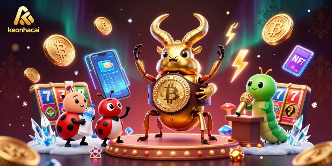 Engage in thrilling action with keonhacai's vibrant casino scene featuring dynamic characters and crypto elements.
