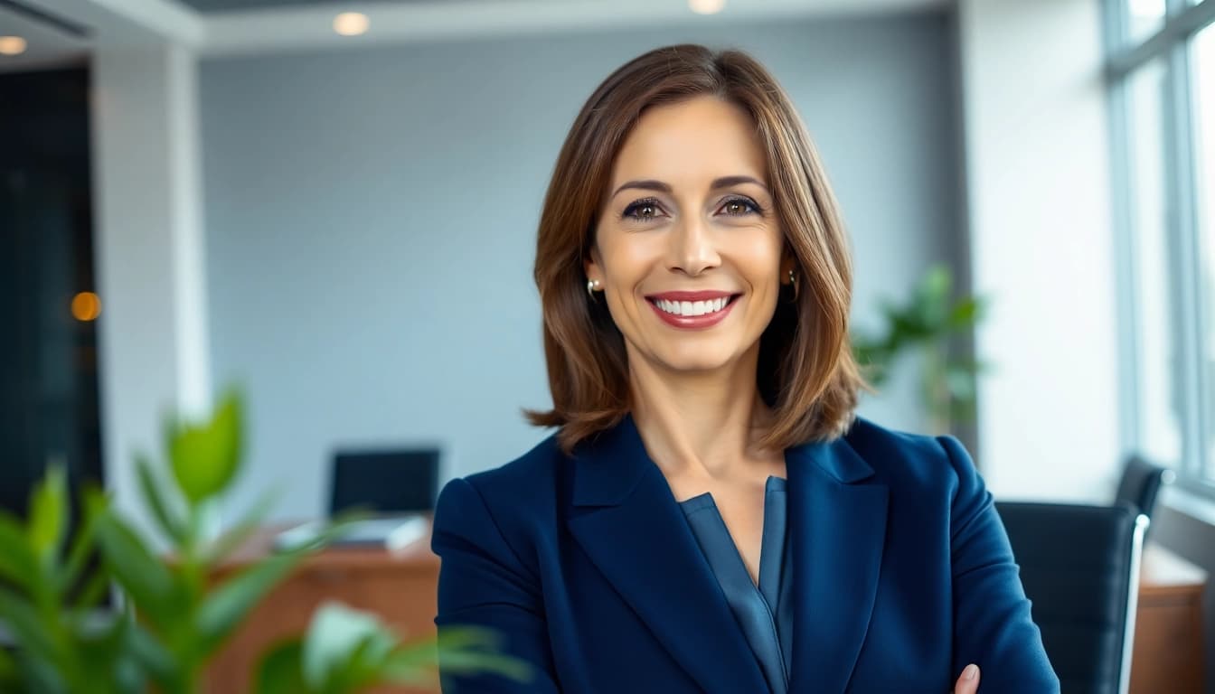 Create a striking ai professional photo of a businesswoman with a vibrant smile in a contemporary office.