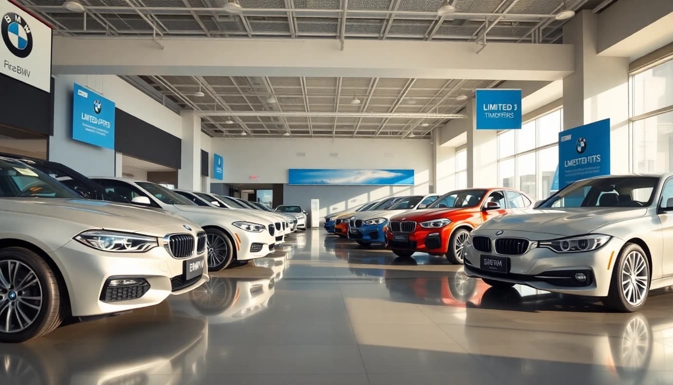 BMW kaufen: Besucherschaft im eleganten Autohaus mit neuen Modellen.