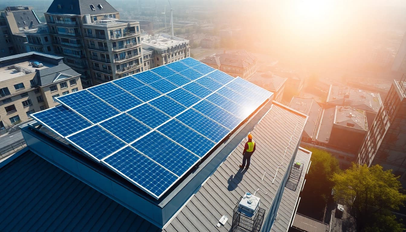 Fotografie eines Solar-Investments auf gepachteten Dachflächen mit modernen Solaranlagen und urbanem Hintergrund, der Nachhaltigkeit symbolisiert.