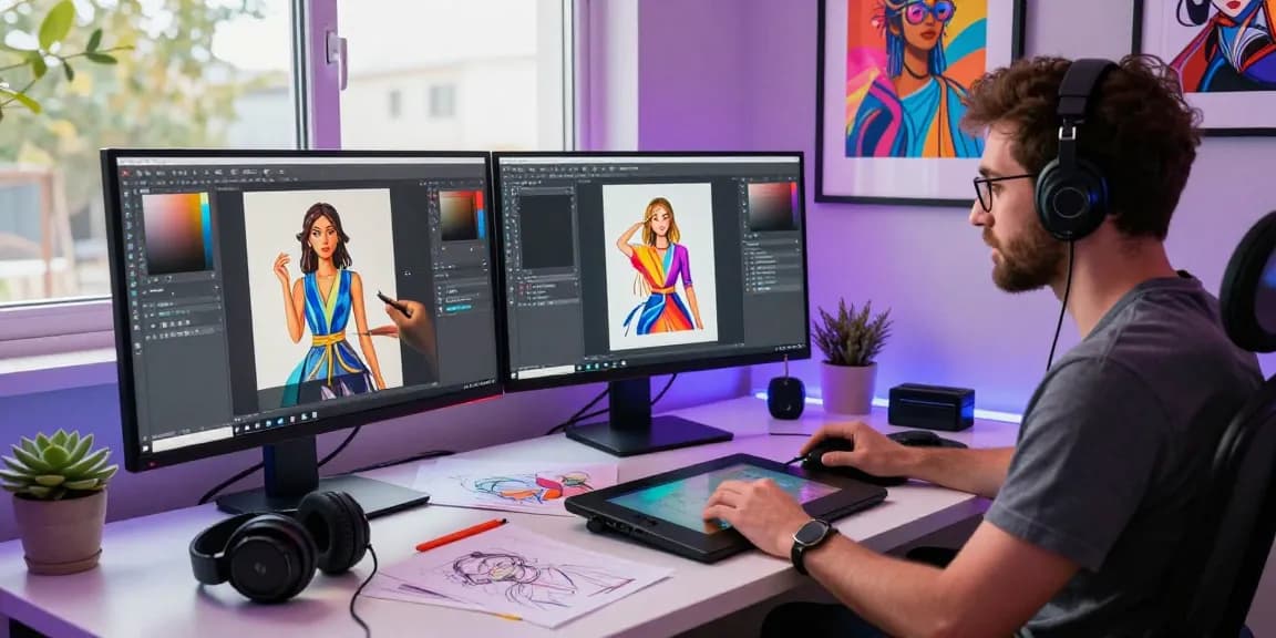 Creative digital artist using an nsfw ai generator in a modern studio with dual screens and vibrant artworks.