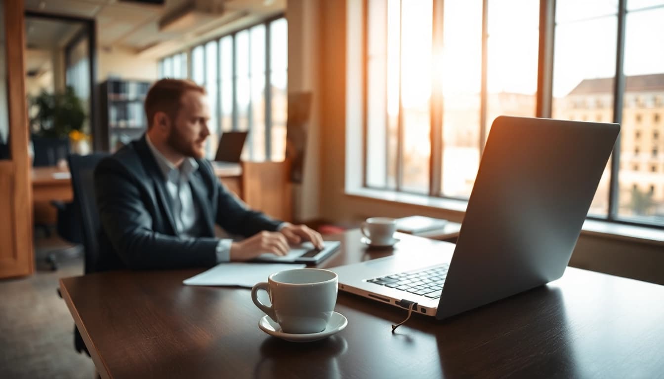 Professioneller Arbeitsplatz eines Headhunters in Berlin mit Laptop und Notizen.