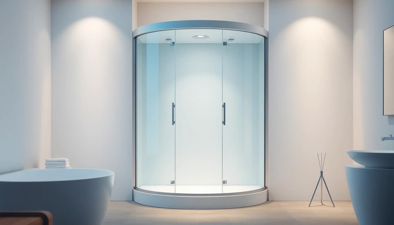 Erleben Sie die duschkabine 90x90 komplett in einem eleganten Badezimmer mit sanfter Beleuchtung.