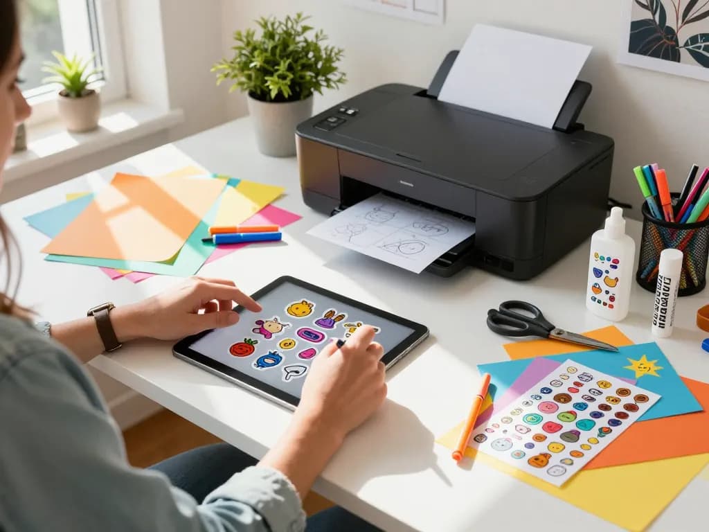 Creating custom stickers at a vibrant workspace, emphasizing the process of sticker erstellen.