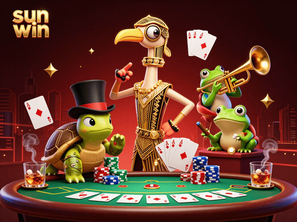 Experience the excitement at sun win's lively casino scene filled with vibrant characters and poker elements.
