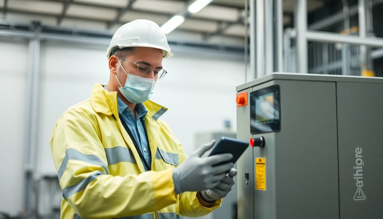 Prüfer führt eine DGUV V3 Prüfung an elektrischen Geräten im industriellen Umfeld durch, Sicherheitsfokus.