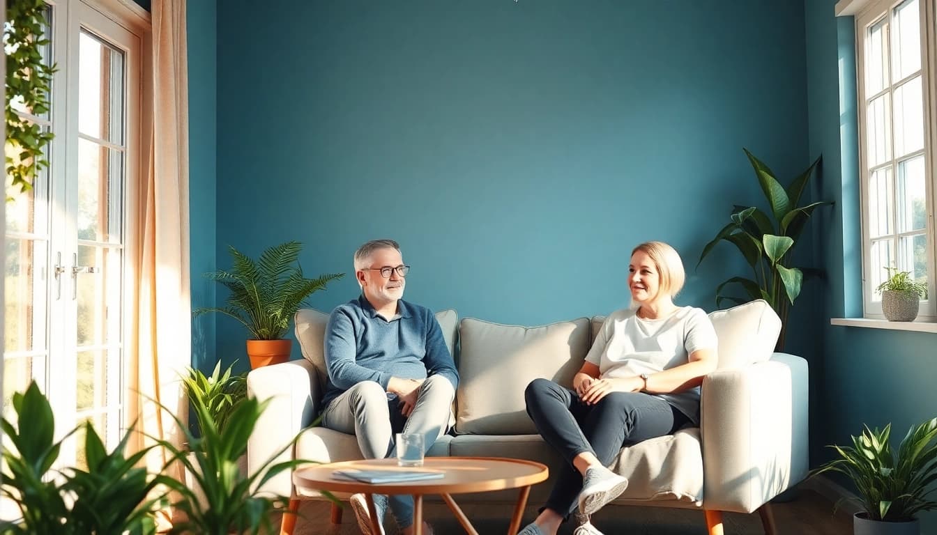 Unterstützende Coaching-Sitzung, die coaching in Lebenskrisen fördert und eine einladende Atmosphäre schafft.