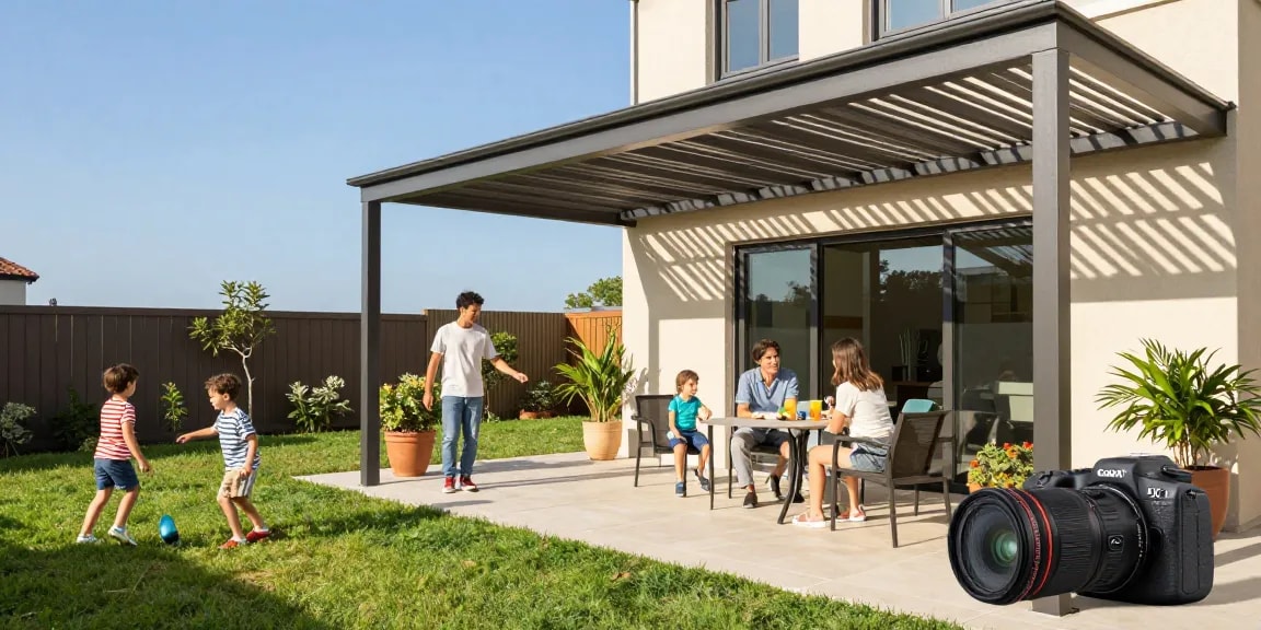 Moderne Terrassenüberdachung mit Aluminium-Pergola, Familie genießt sonnigen Tag im Freien.