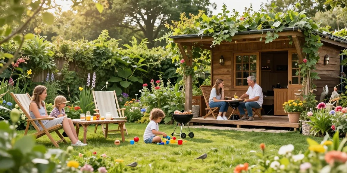 Gartenhaus kaufen für entspannte Familienmomente im Garten mit Kindern und Grill.