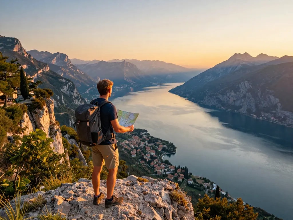 Erforschung der Gardasee Reisetipps bei Sonnenuntergang, mit atemberaubendem Blick auf die Berge und den See.