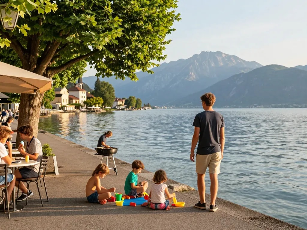 Urlaub am Gardasee mit der Familie, die am Ufer Spaß hat, malerische Ausblicke genießt und Sommeraktivitäten unternimmt.