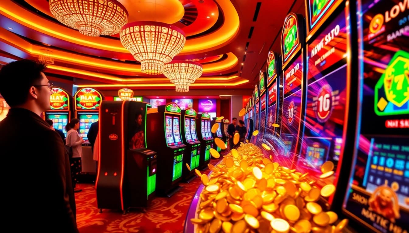 Excited players enjoying a nổ hũ jackpot win at a luxury casino, surrounded by vibrant slot machines.