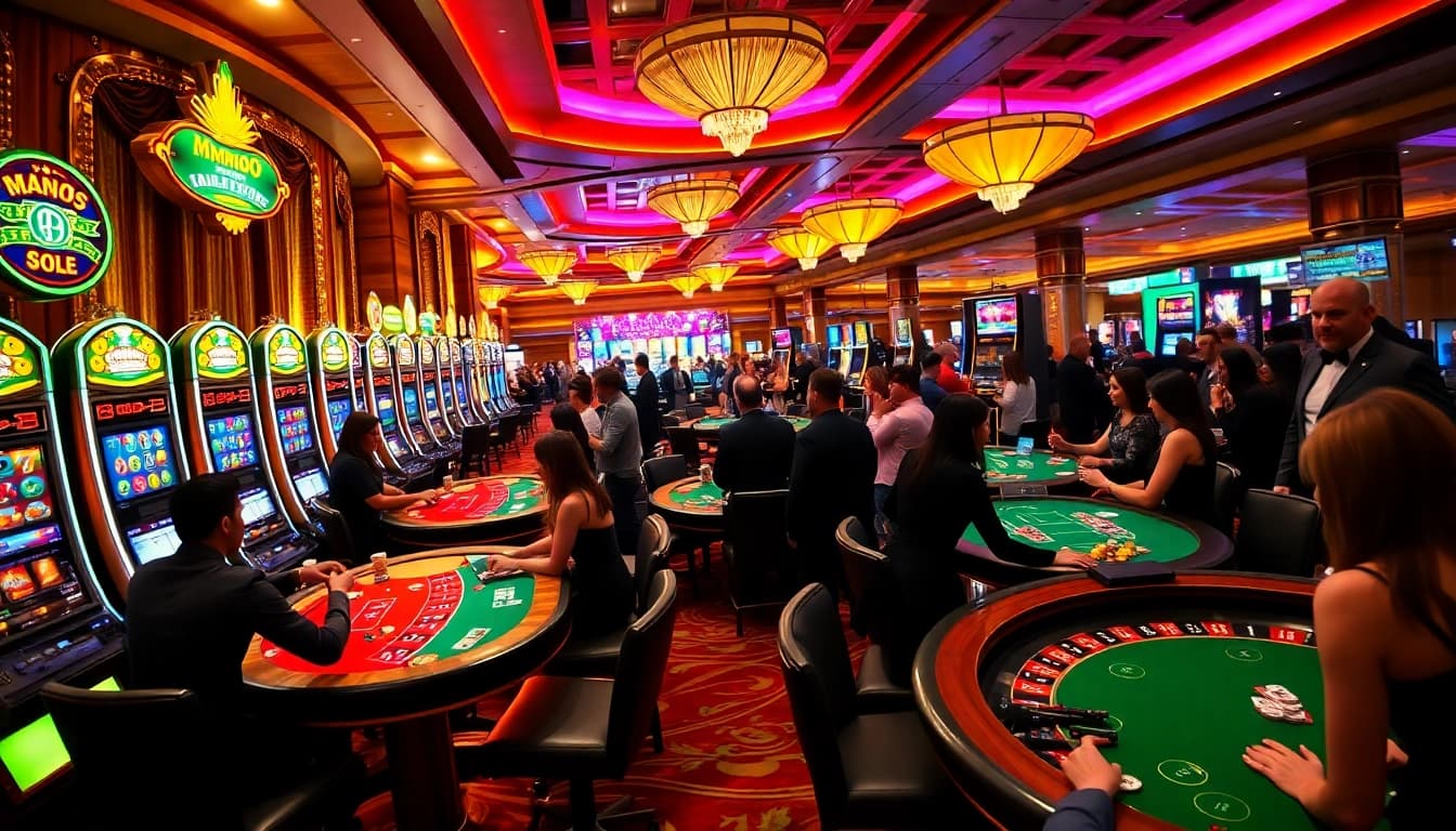 Experience the excitement of MMOO with vibrant casino gaming and lively players at tables.