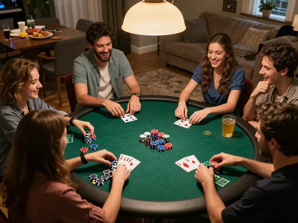 Live poker game with friends showcasing ผลการแข่งขันฟุตบอล excitement and social camaraderie during gameplay.