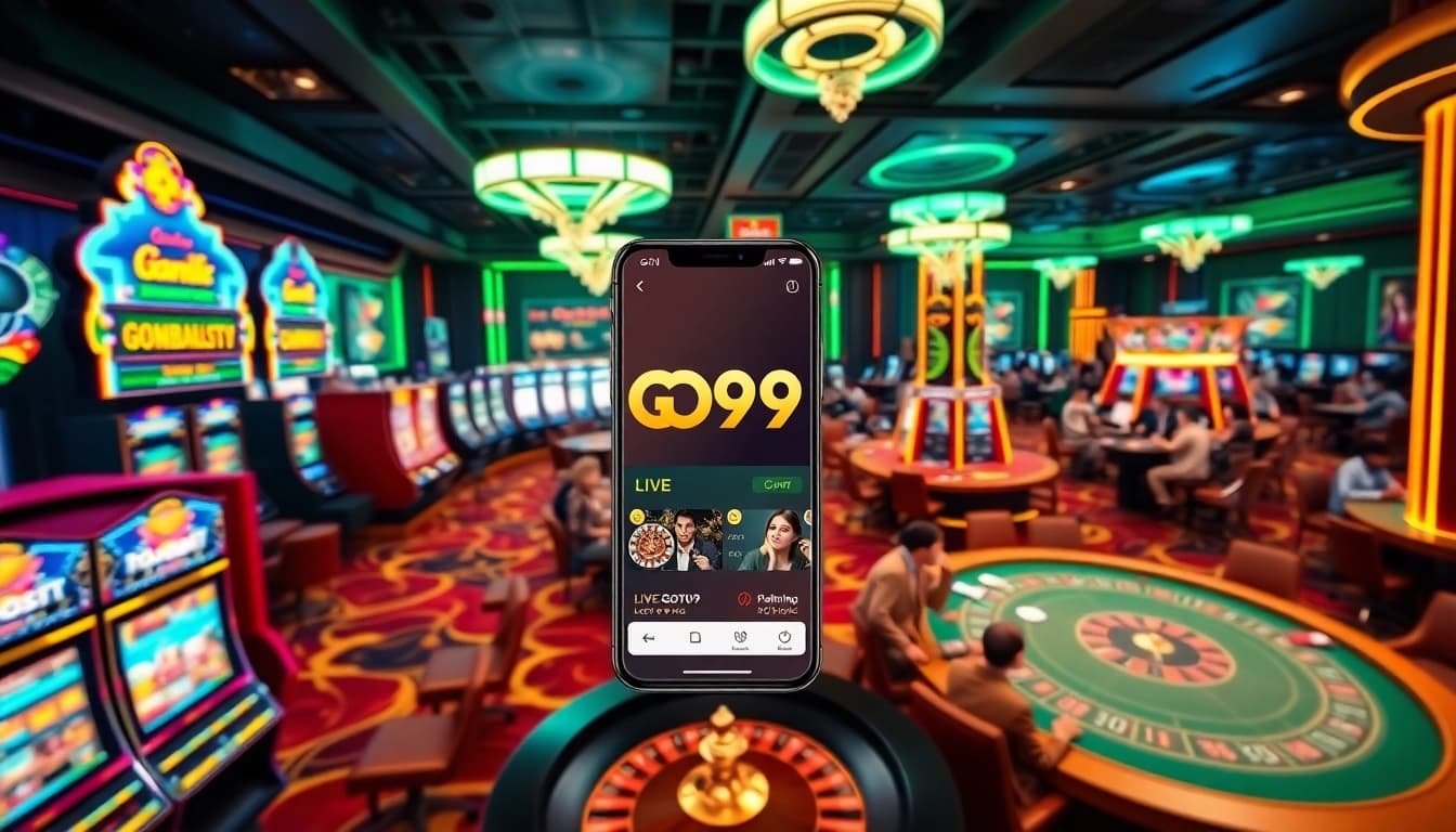 Experience the excitement of the GO99 app with vibrant casino visuals showcasing games, bets, and winning moments.