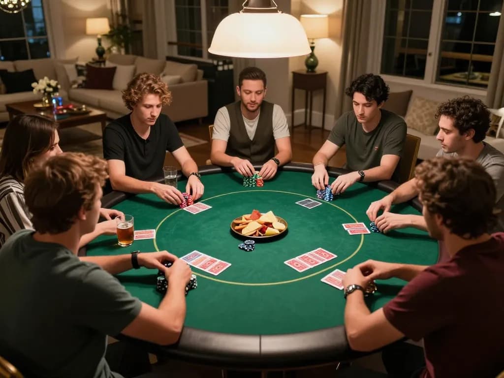 Exciting home poker night where friends use KI Detektor deutsch for strategic game analysis.