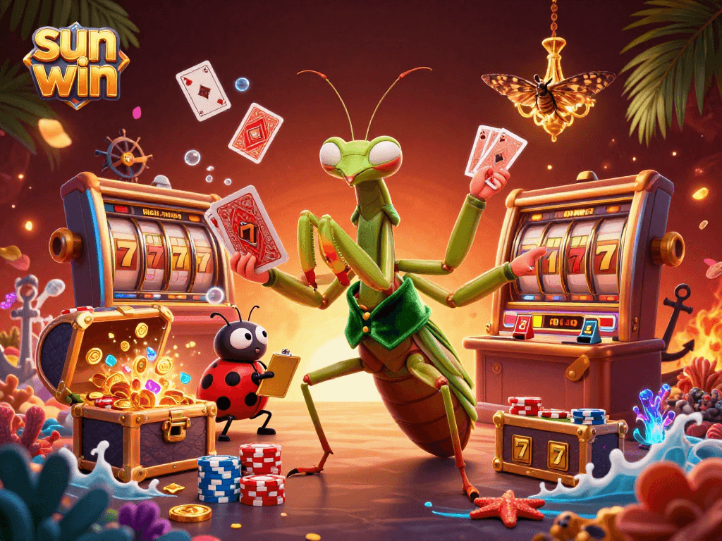 Engage with the vibrant sun win casino scene showcasing a mantis card sharp and ladybug pit boss.