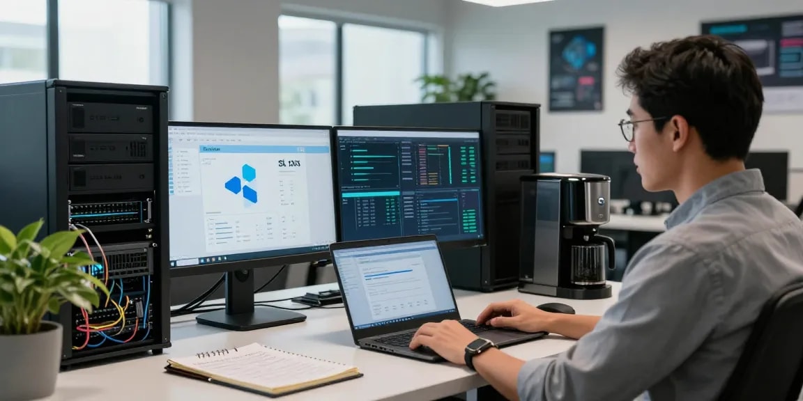 Windows Server 2025 für IT-Infrastruktur kaufen: IT-Administrator arbeitet an modernem Arbeitsplatz mit Server-Racks und Management-Tools.