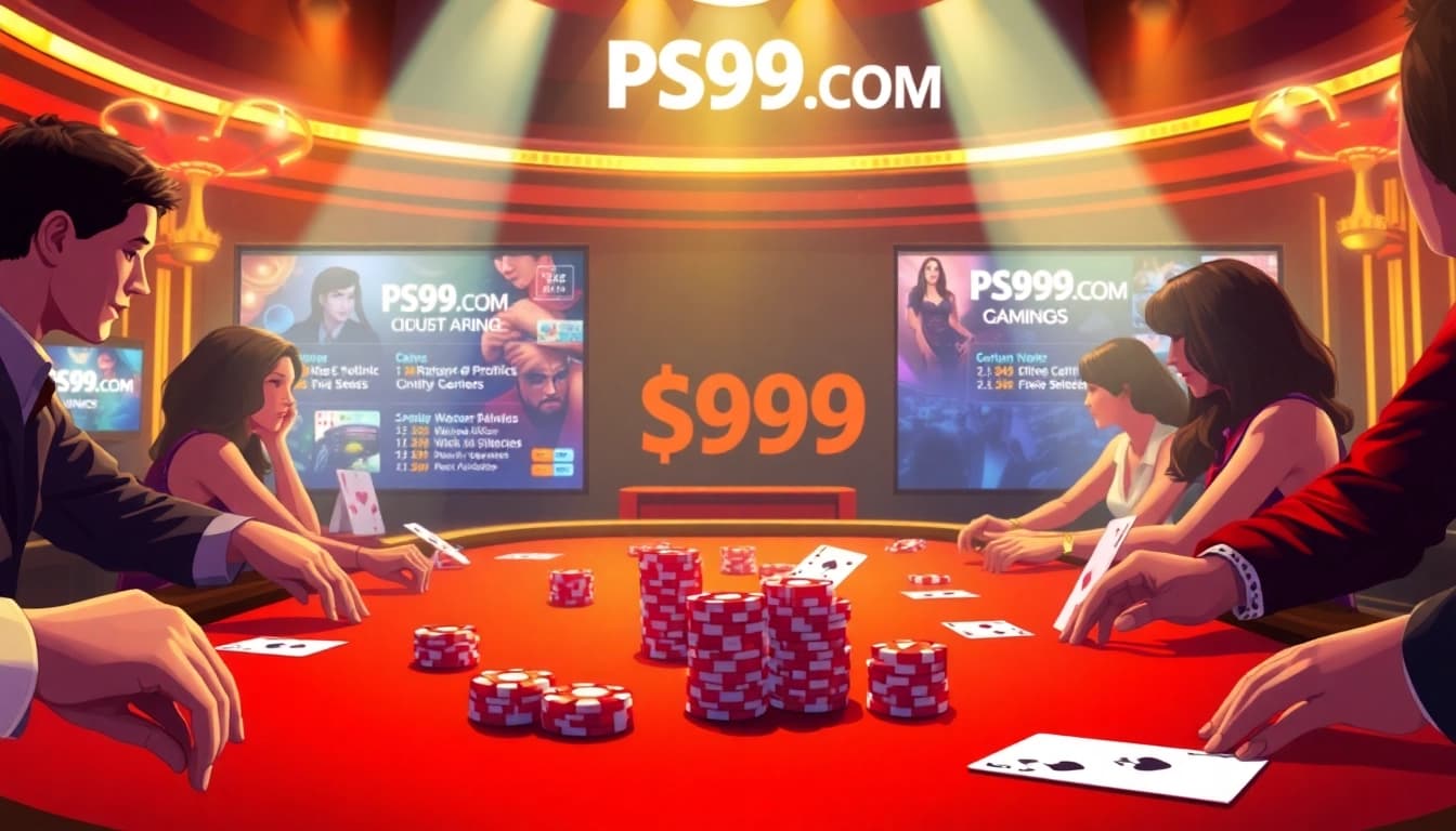 Experience the thrill of gaming at PS99 COM with a vibrant casino scene featuring poker tables.