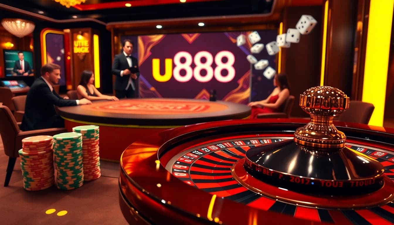 Exciting poker game scene at u888 casino showcasing luxury and high stakes.