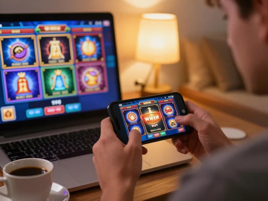 Player engaging with aud77 online casino slots on smartphone in cozy home environment.