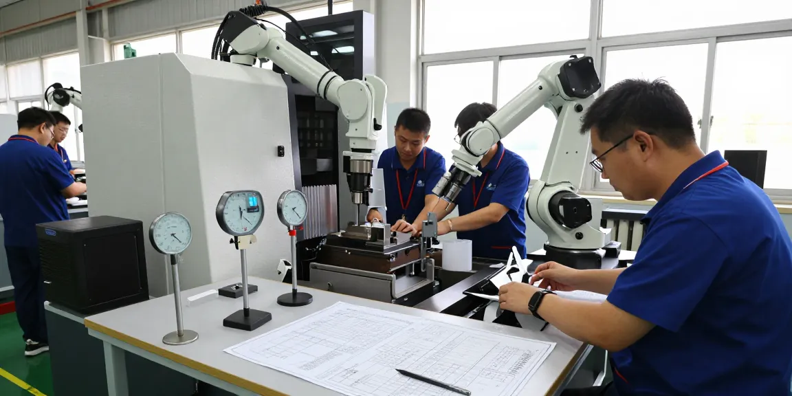 Präzisionstechnik in der Luft- und Raumfahrt in modernem CNC-Bearbeitungswerkstatt mit Technikern, hochpräzisen Komponenten und innovativer Automatisierung.