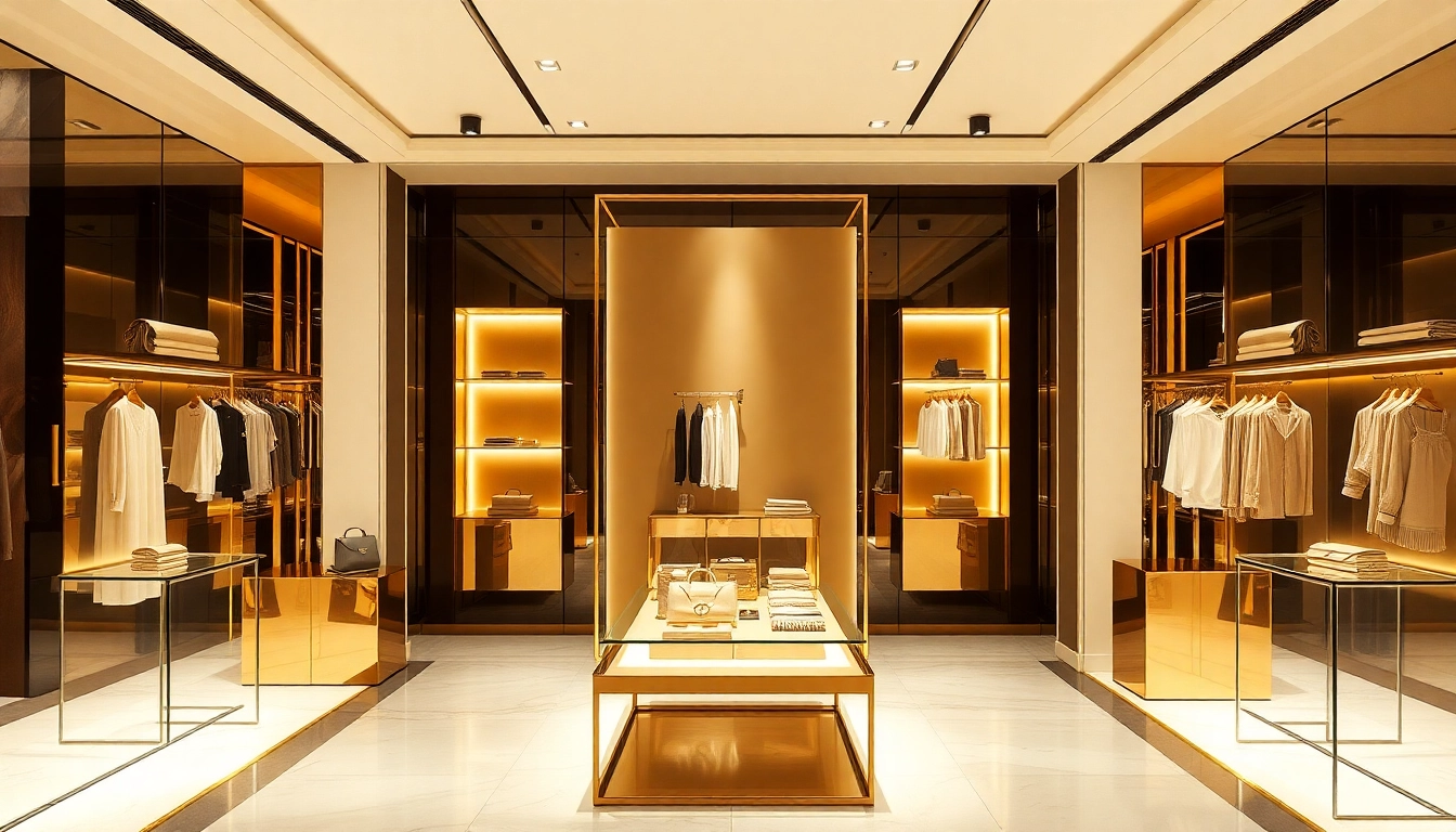 Luxury fashion items elegantly arranged in a warm-lit display, highlighting intricate details.